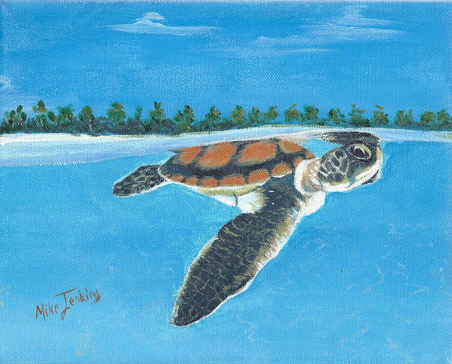 Swimming Lessons - Baby Turtle Near Surface Painting by Mike Jenkins