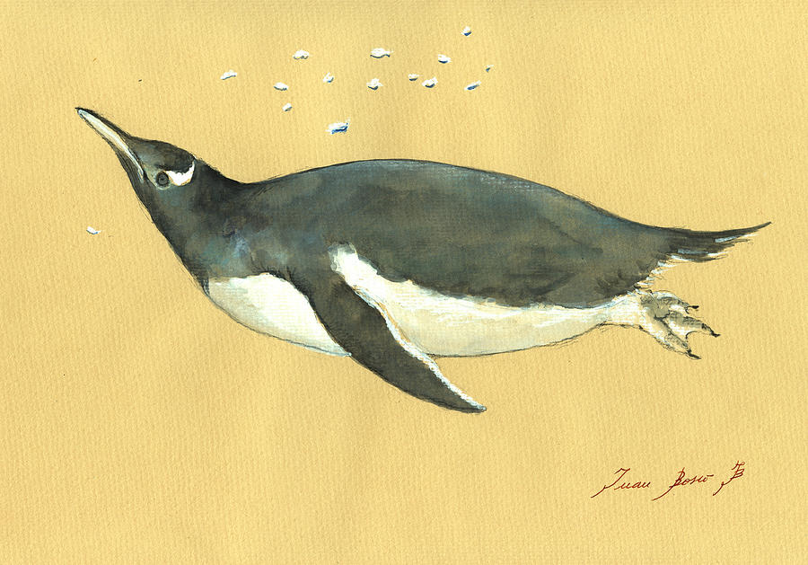 Penguin Watercolor Painting - Swimming penguin by Juan  Bosco