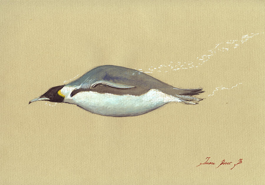 Penguin Watercolor Painting - Swimming Penguin painting by Juan  Bosco