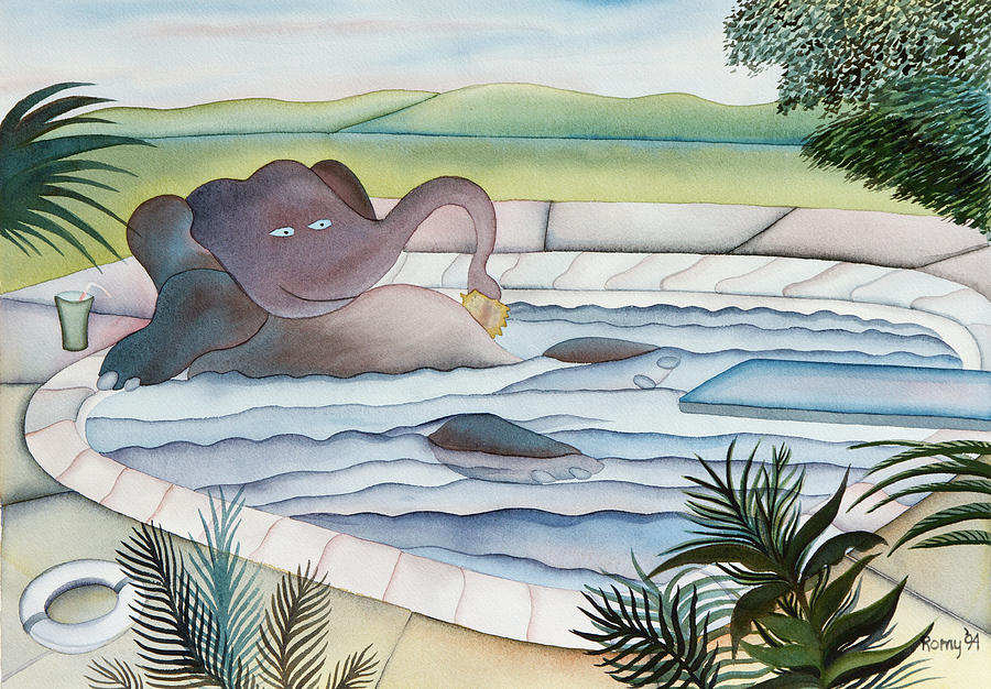 Elephant Painting - Swimming Pool Elephant by Romy Muirhead