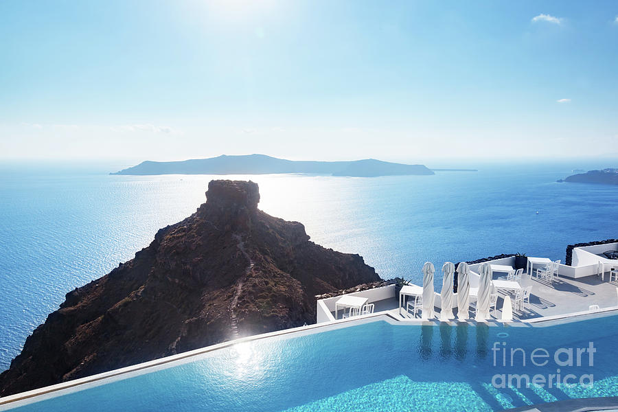 Swimming pool with a view on Caldera over Aegean sea, Santorini, Greece Photograph by Michal Bednarek