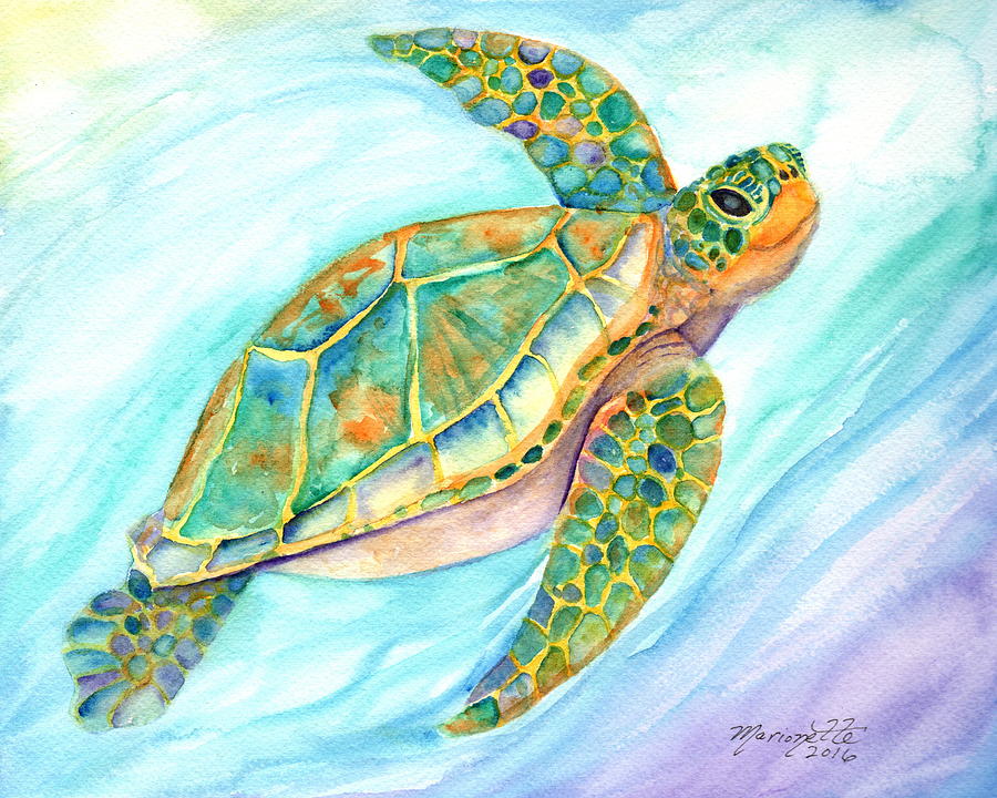 Hawaiian Honu Painting - Swimming, Smiling Sea Turtle by Marionette Taboniar