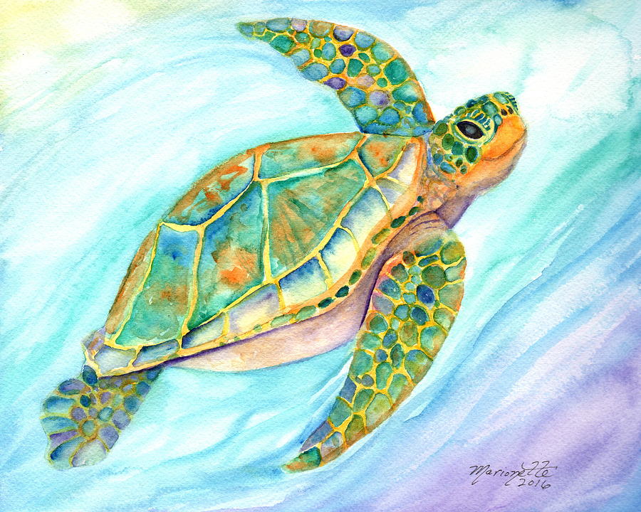 Swimming, Smiling Sea Turtle Painting by Marionette Taboniar