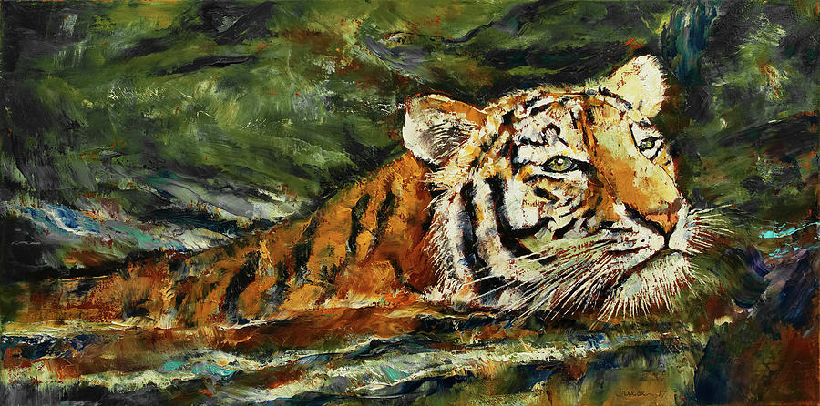 Swimming Tiger Painting by Michael Creese