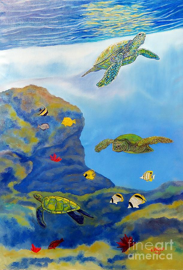 Swimming with the turtles Painting by Linda Wolf