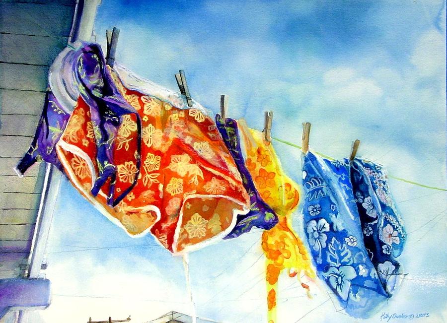 Swimsuits on Clothesline Painting by Kathy Dueker