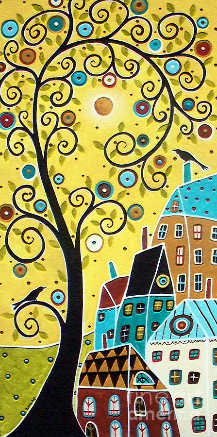 Swirl Tree Two BIrds And Houses Painting by Karla Gerard