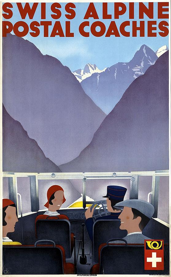 Swiss Alpine Postal Coaches - Switzerland - Retro Travel Poster - Vintage Poster Mixed Media