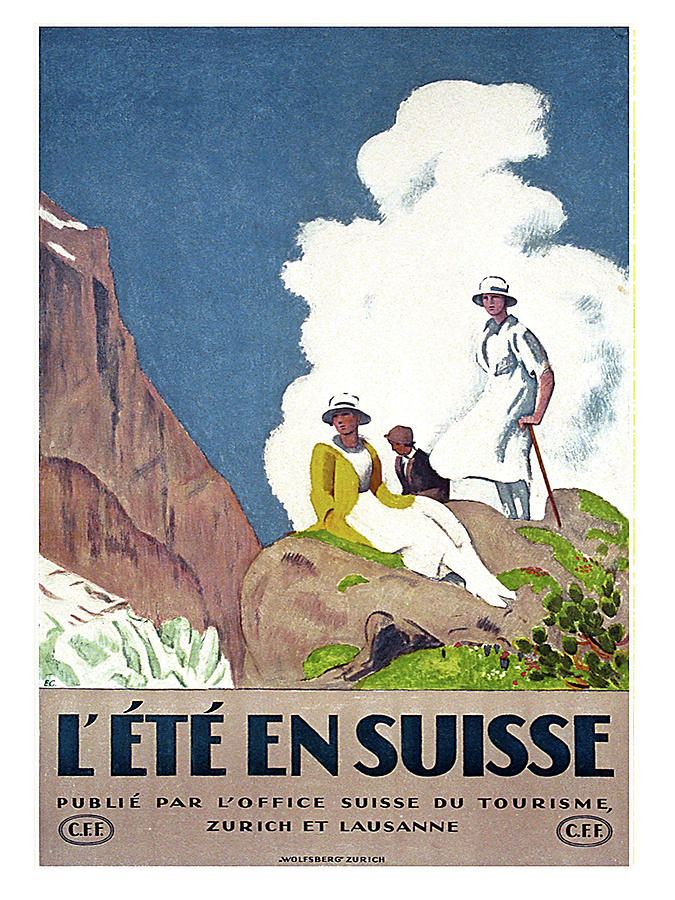Vintage Painting - Swiss, picnic, mountain, vintage travel poster by Long Shot