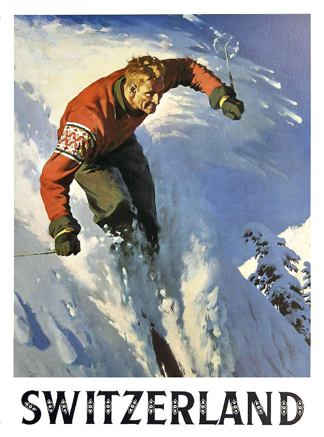 Switzerland, alps, winter, ski, sport, travel poster Painting by Long Shot
