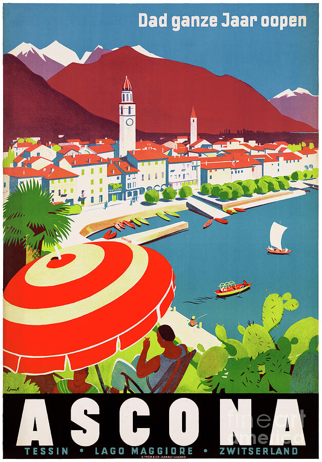 Vintage Mixed Media - Ascona Vintage Travel Poster 1934 by Vintage Treasure