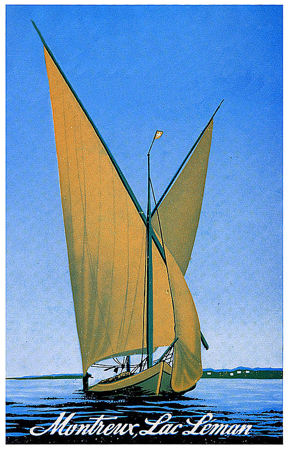 Vintage Painting - Switzerland, Lake Geneva, Montreux, sailing boat by Long Shot