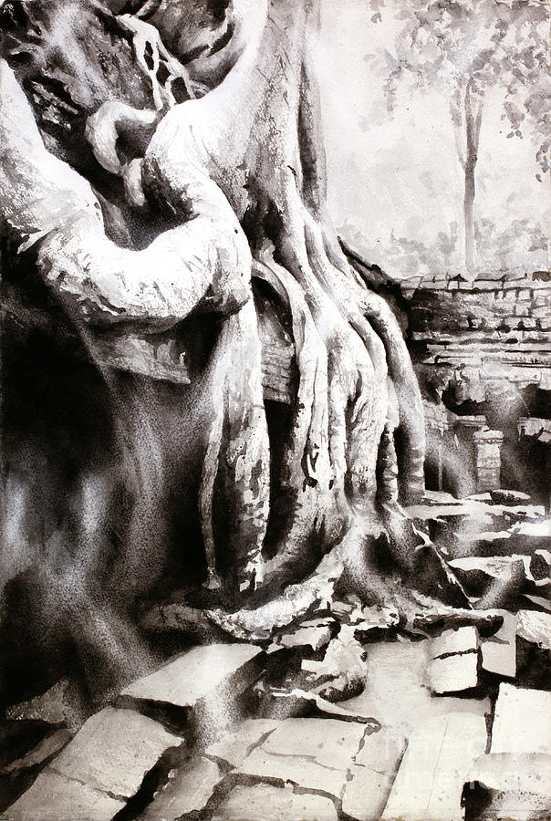 Sycamore tree overgrowing ruins- Cambodia Painting by Ryan Fox