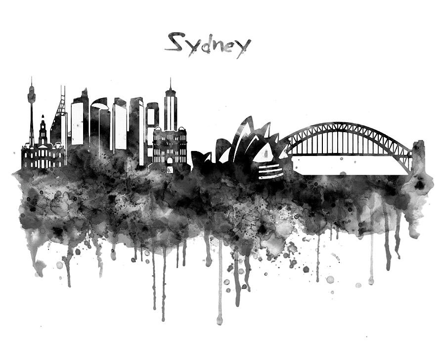 Sydney Black and White Watercolor Skyline Painting by Marian Voicu