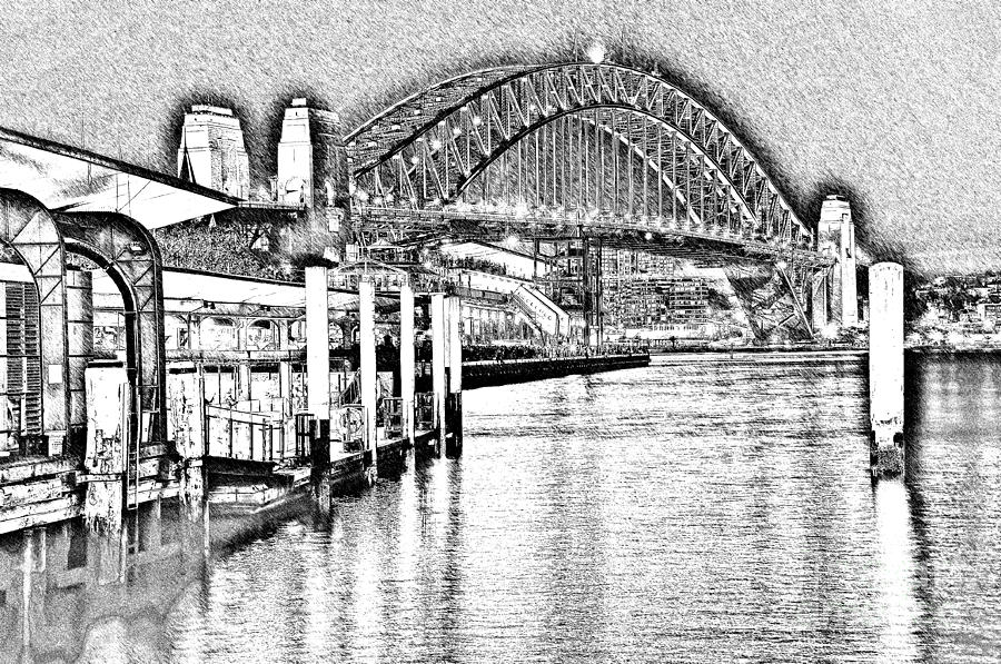 Black And White Photograph - Sydney Harbour Bridge Pencil Sketch 2 by Kaye Menner by Kaye Menner