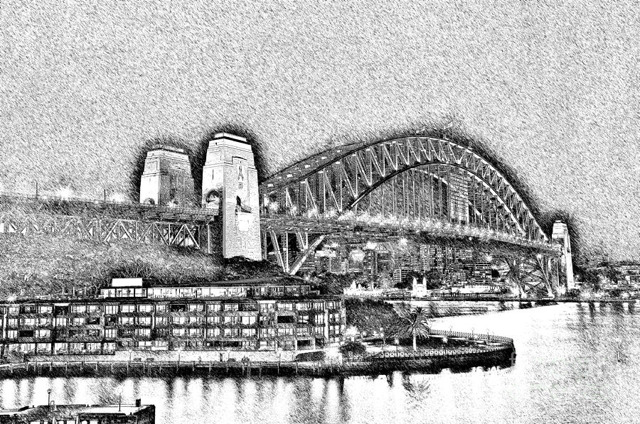 Black And White Photograph - Sydney Harbour Bridge Pencil Sketch by Kaye Menner by Kaye Menner