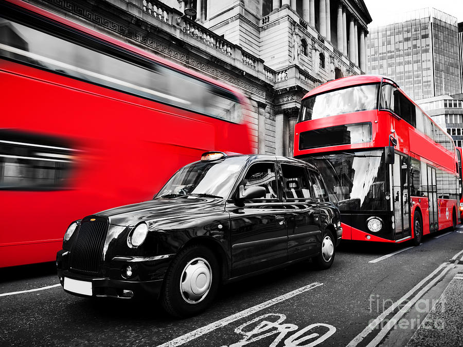 Symbols of London, the UK. Red buses, black taxi cab Photograph by Michal Bednarek