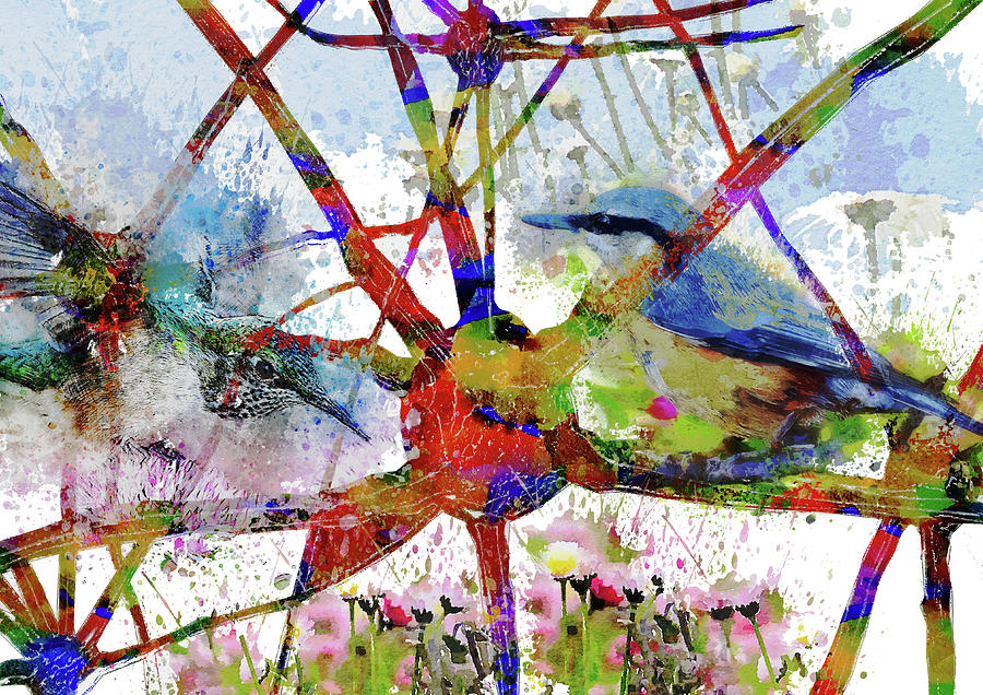 Synapses with Birds and Flowers Mixed Media by Ann Leech