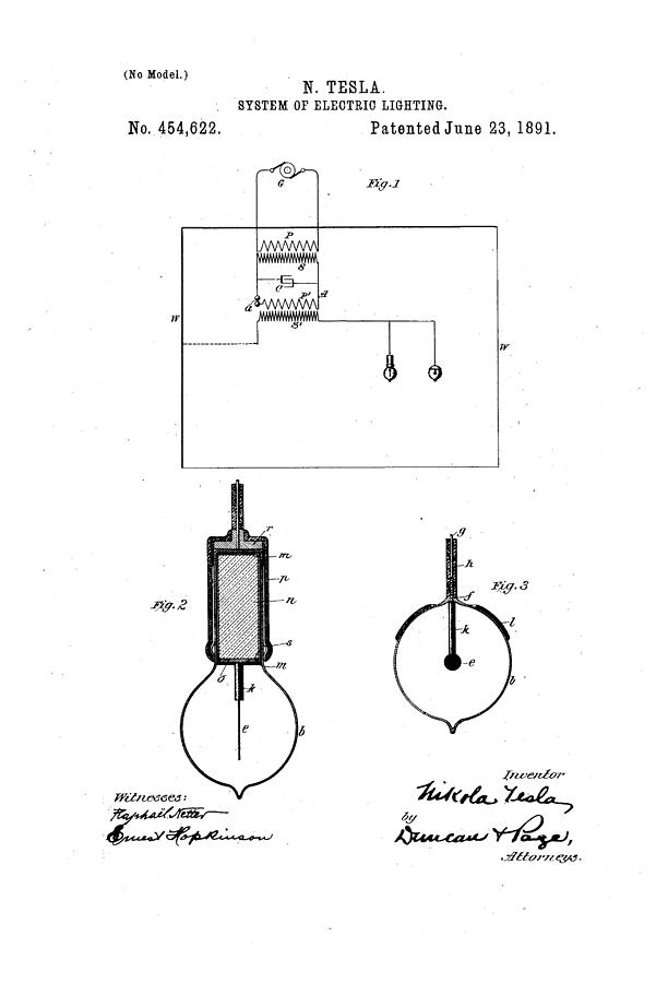 System of Electric Lighting - Nikola Tesla Patent Drawing from 1891 ...