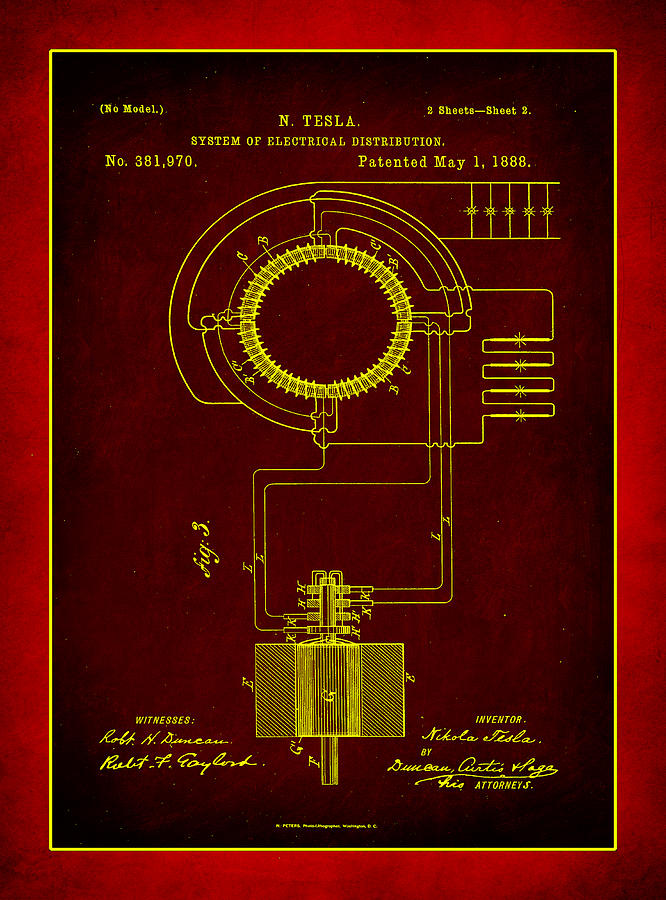 Vintage Mixed Media - System of Electrical Distribution Patent Drawing 2b by Brian Reaves