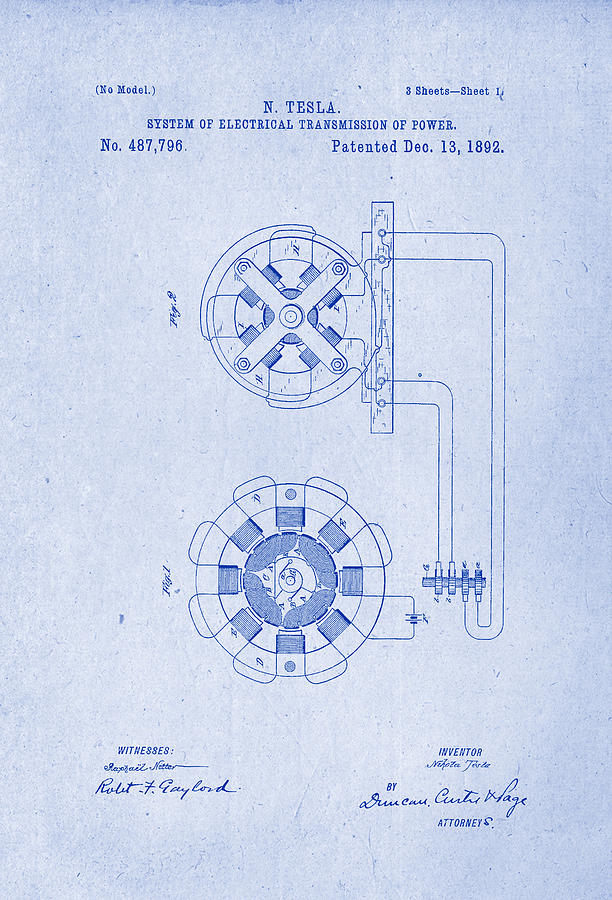 System Of Electrical Transmission Of Power Nikola Tesla Patent Drawing From 1892 Blueprint 1705