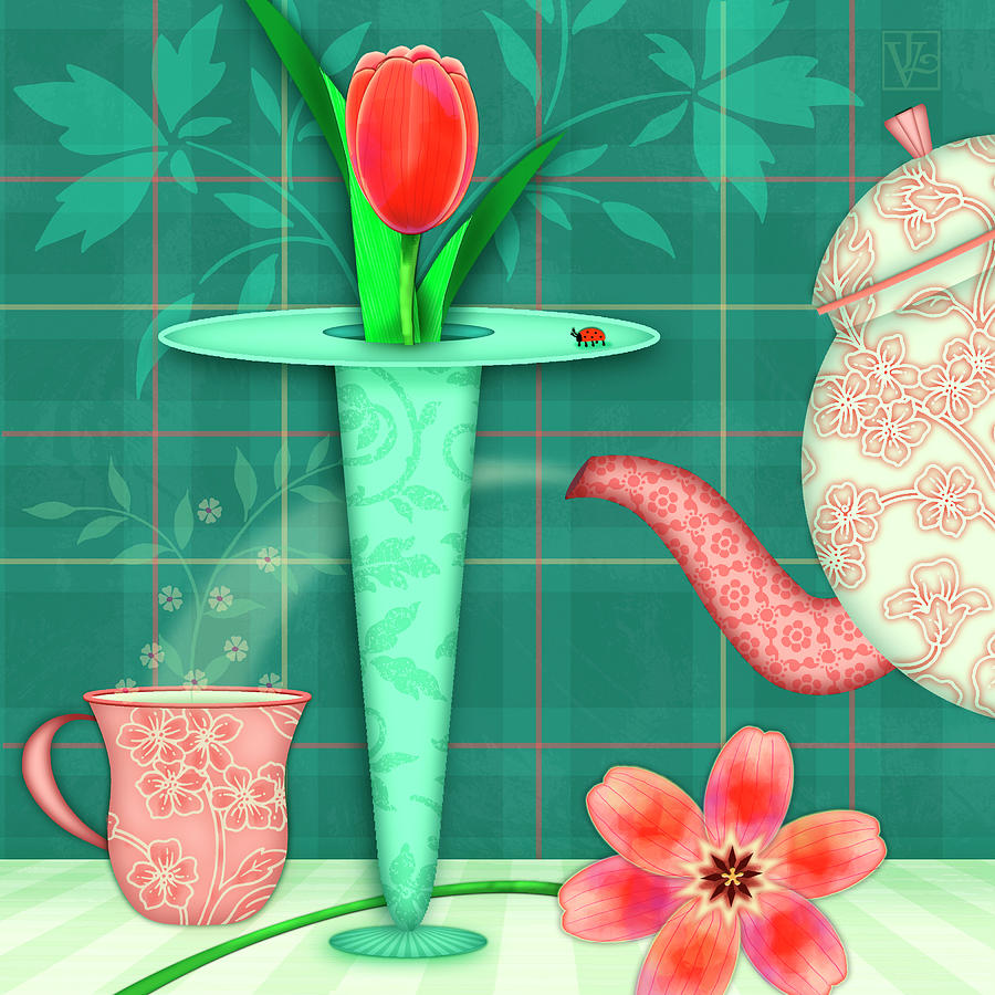 T is for Two Tulips with Tea Digital Art by Valerie Drake Lesiak