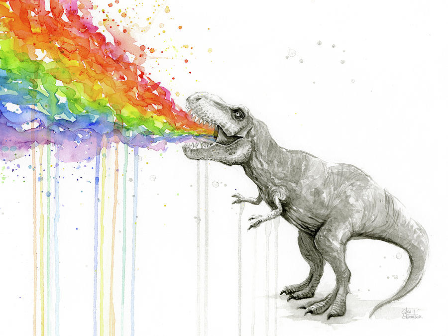 Dinosaur Painting - T-Rex Tastes the Rainbow by Olga Shvartsur