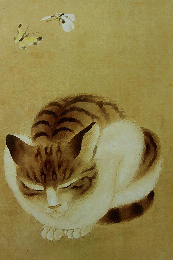 Tabby Cat With Summer Butterflies In Beige Painting