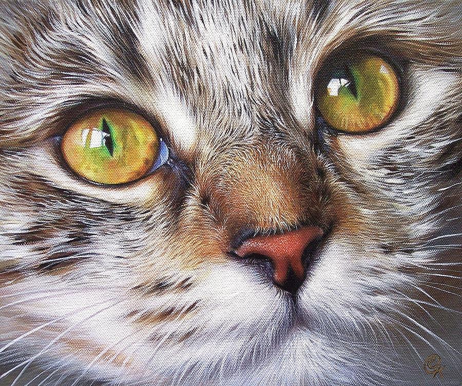 Close-up Painting - Tabby look by Elena Kolotusha