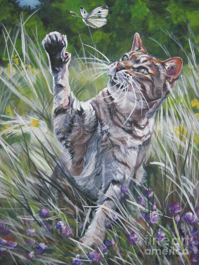 Tabby with butterfly Painting by Lee Ann Shepard