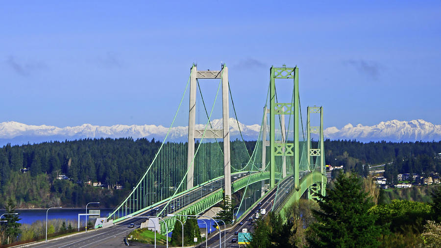 Narrows Bridge with Olympic mountains Photograph by Jack