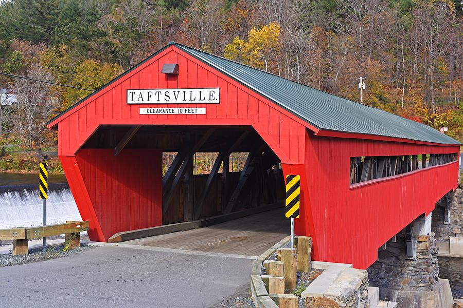 Taftsville Vermont Red Covered Bridge Autumn Waterfall Photograph by Toby McGuire