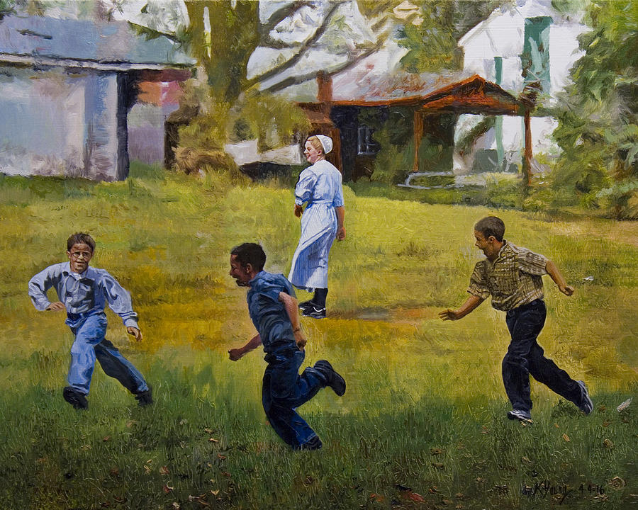 Children Playing Tag Painting Illustration Illustrative Technique