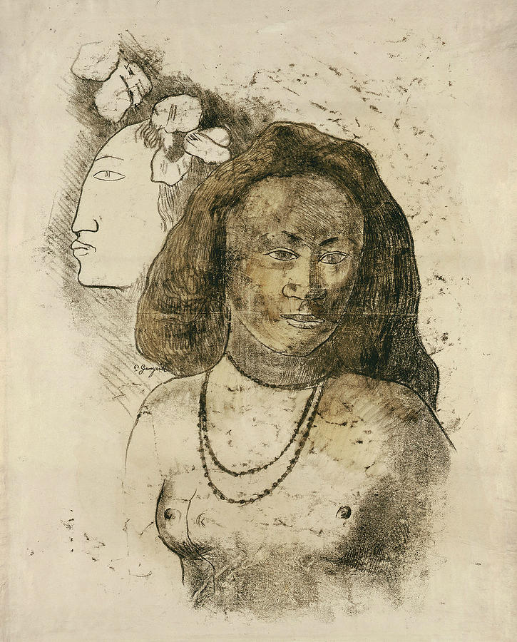 Tahitian Woman with Evil Spirit Drawing by Paul Gauguin