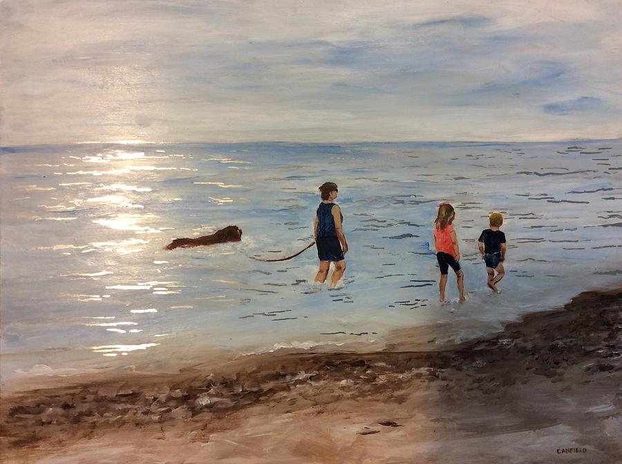 Taking a Newfoundland for a walk along the beach Painting by Ellen Canfield