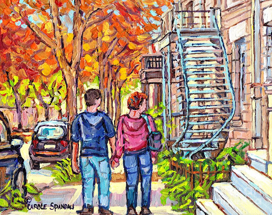City Scene Painting - Tall Blue Winding Staircase Autumn Street Painting Couple Strolls Verdun Montreal Art Carole Spandau by Carole Spandau