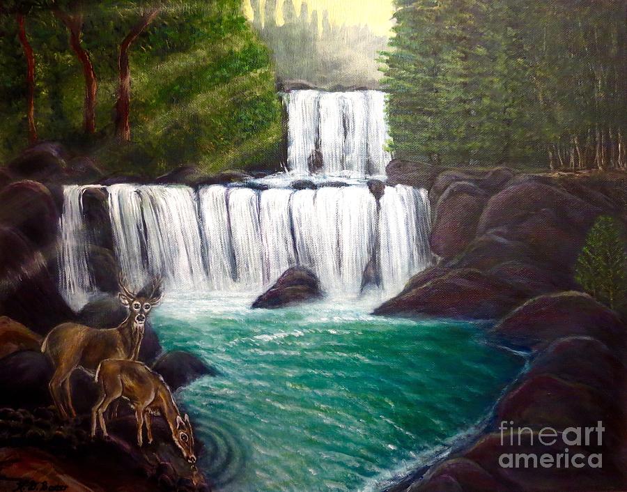 Tall Drink of Water for a Pair of Smoky Mountain Deer Painting by Kimberlee Baxter