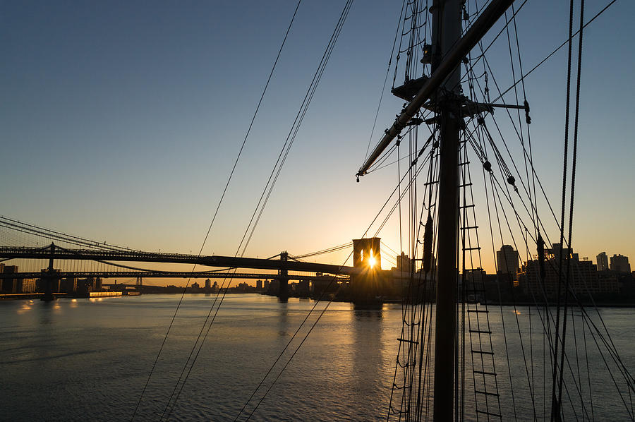 Tall Ship and Brooklyn Bridge - Iconic New York City Sunrise Photograph by Georgia Mizuleva