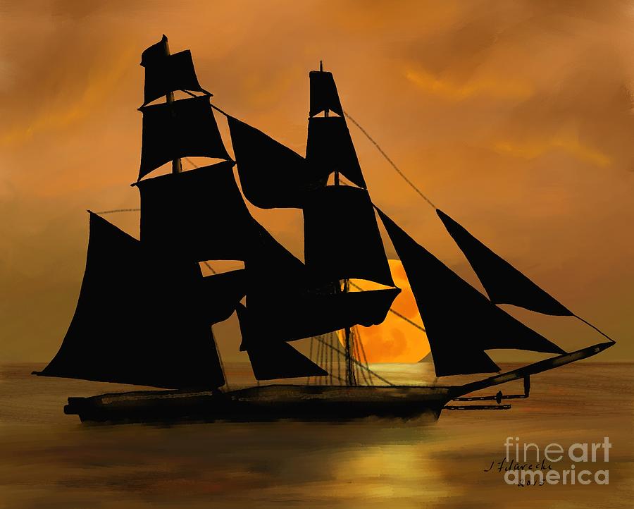 Tall Ship Painting - Tall Ship with a Harvest Moon by Judy Filarecki