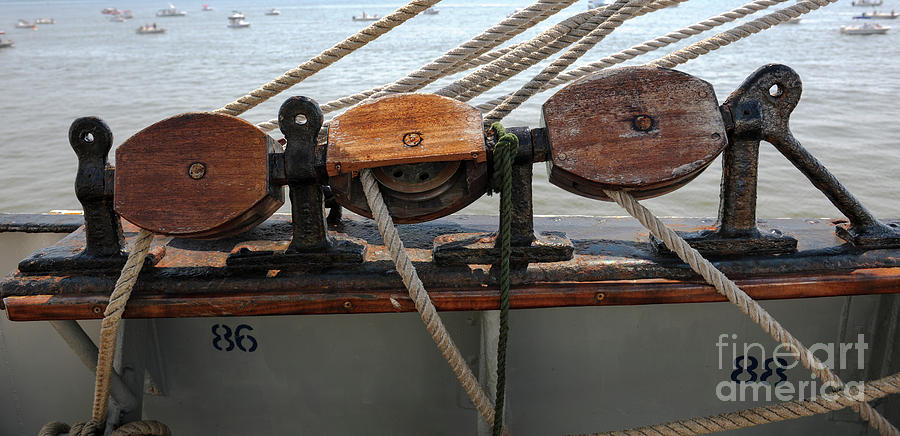 Tall Ship Wooden Line Pulley Photograph by Dale Powell