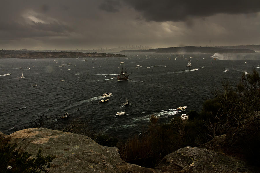 Boat Photograph - Tall Ships Heavy Rain And Wind In Sydney Harbour by Miroslava Jurcik