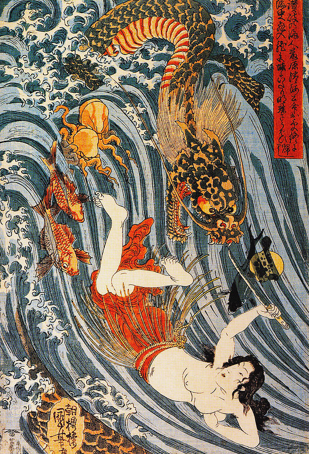 Utagawa Kuniyoshi Painting - Tamatori being pursued by a dragon by Utagawa Kuniyoshi