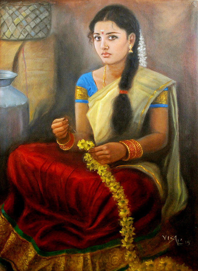 Tamil Girl Flower Stiching Painting by Vishalandra Dakur