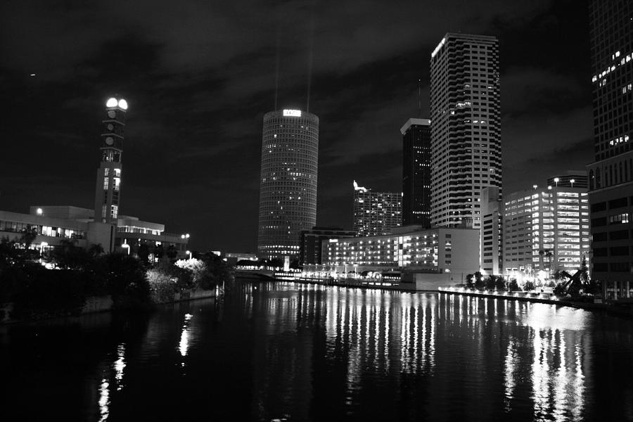 Tampa Photograph - Tampa Skyline West Night Black and White by Larry Underwood