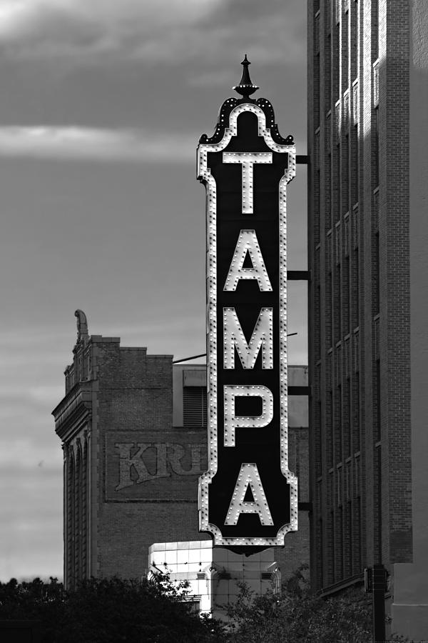 Tampa Theatre Photograph - Tampa Theatre Sign - In Lights Black and White by Chrystyne Novack