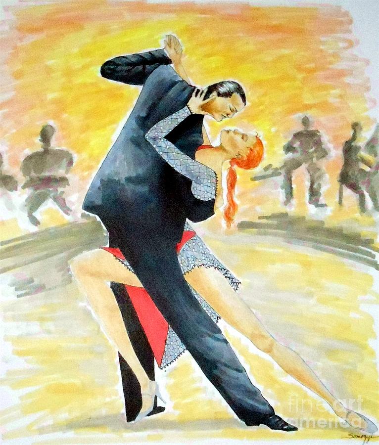 Tango Tangle -- Portrait of 2 Tango Dancers Drawing by Jayne Somogy