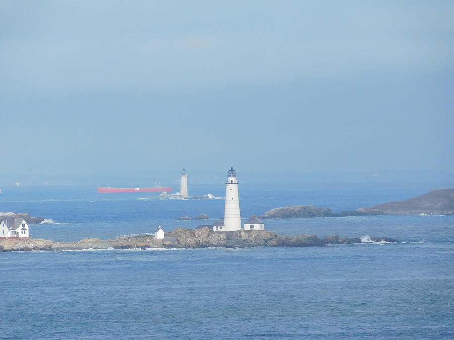 Tanker sailing past Lighthouses Photograph by Catherine Gagne