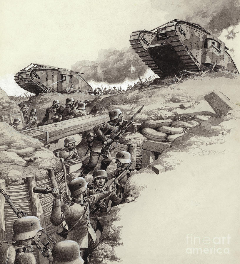 Tank Painting - Tanks roll over German trenches during the Great War  by Pat Nicolle