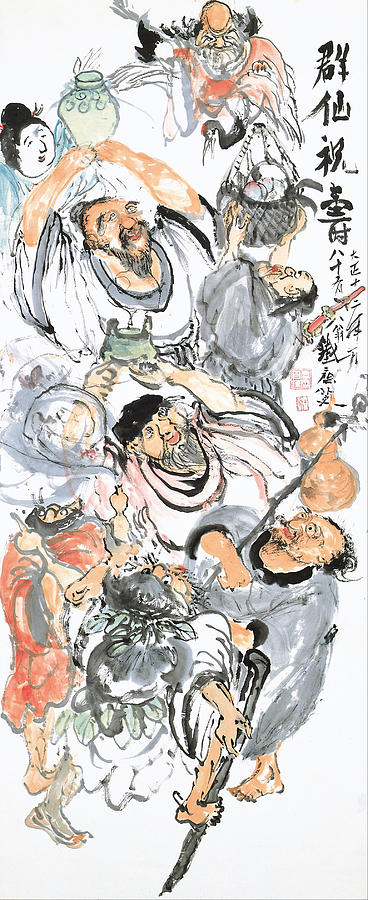 Music Painting - Taoist Immortals Celebrating Longevity by Tessai Tomioka