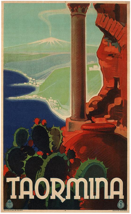 Mountain Mixed Media - Taormina, Italia - Sicily, Italy - Retro travel Poster - Vintage Poster by Studio Grafiikka
